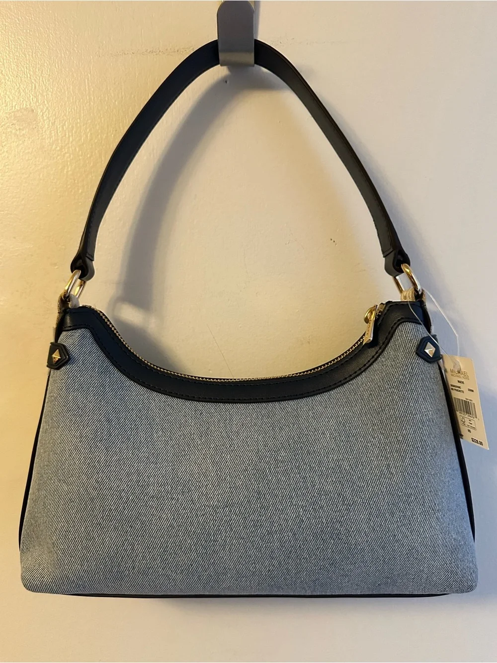 Michael Kors Light Blue Denim Shoulder Hobo Bag with Navy Leather Trim